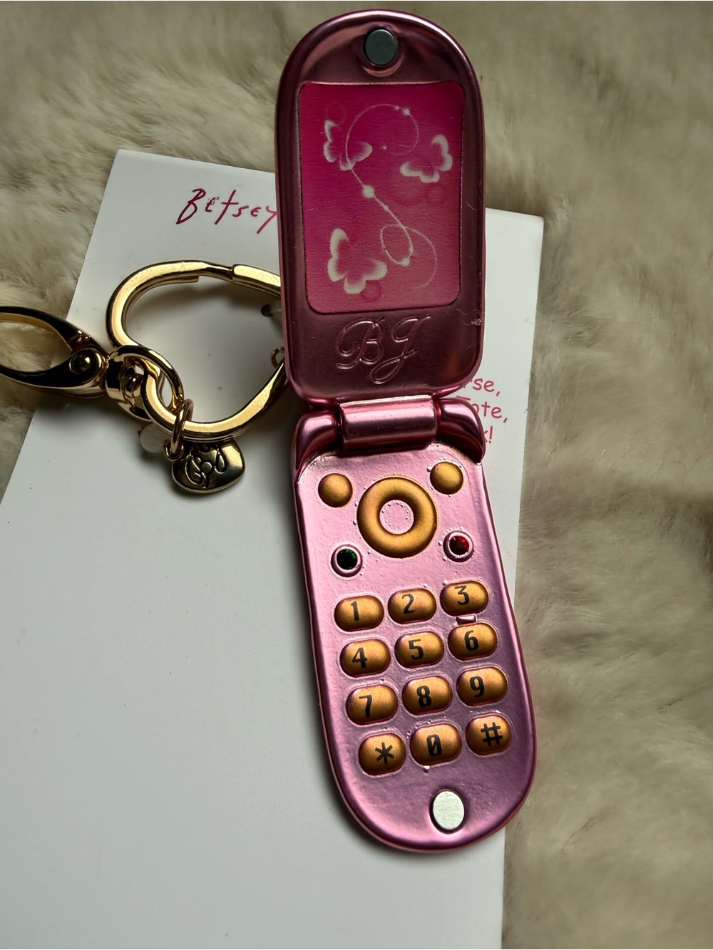 Betsey Johnson New Pink & Leopard Handbag Flip Phone Charm Keychain - Picture 2 of 3